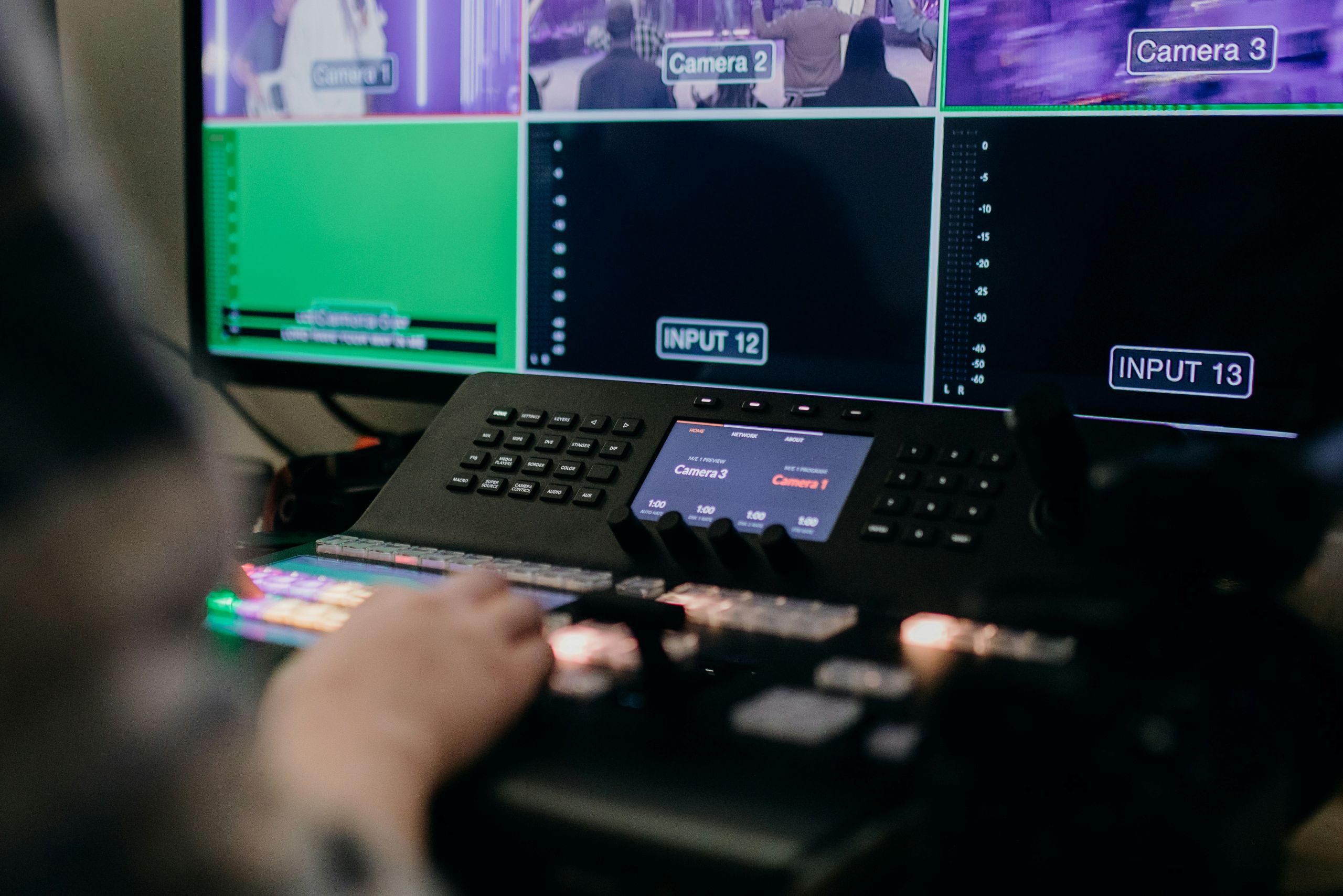 Video production control panel with multiple camera feeds.