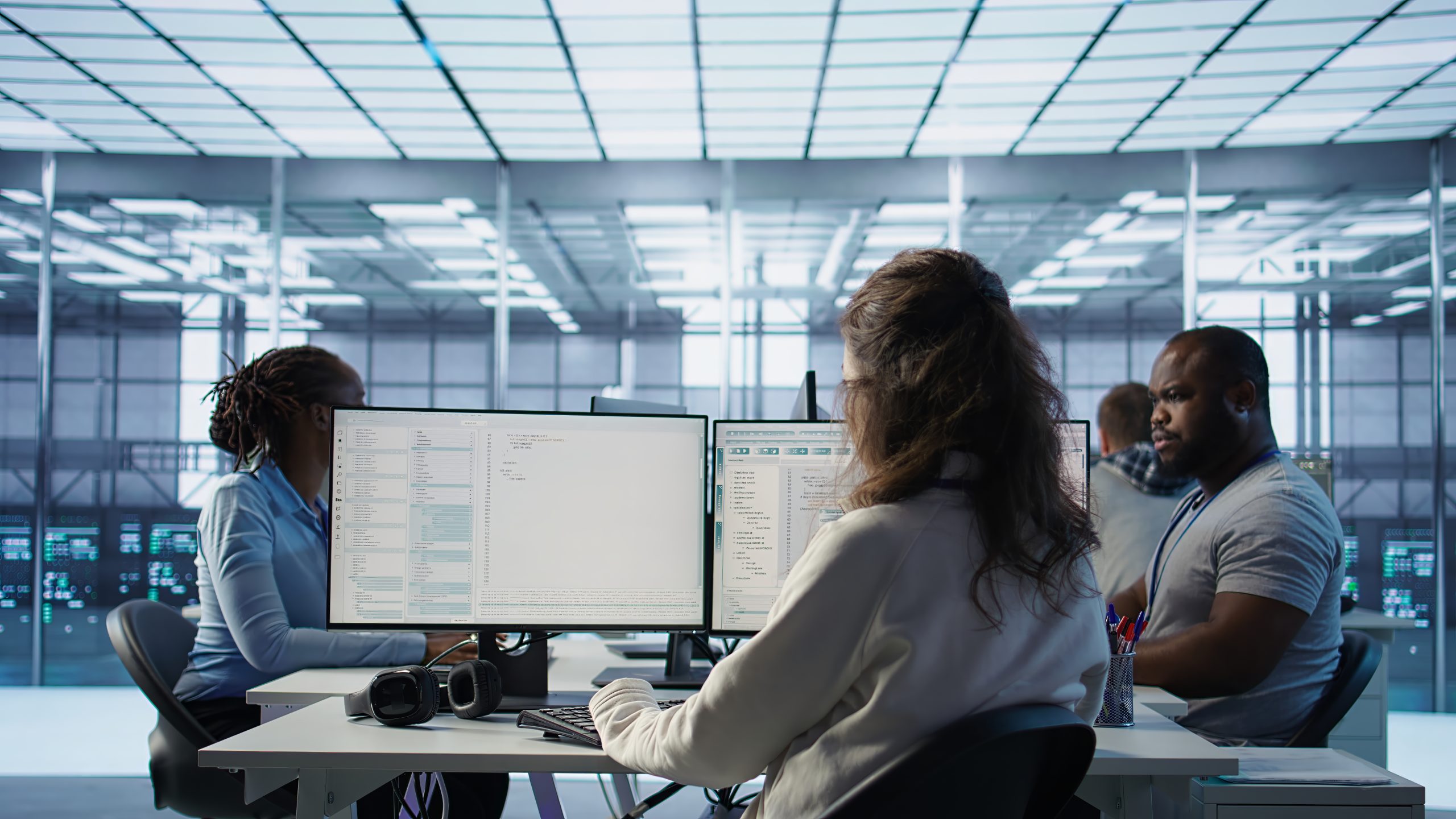 Technical team monitoring data systems in a large server hub.